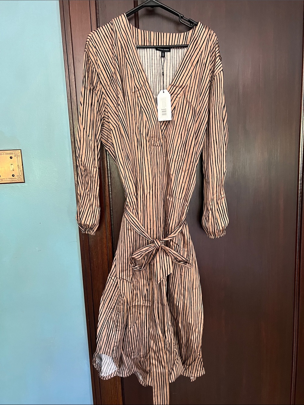 Universal Standard Beige and Black Striped V-Neck Tie-Waist Dress